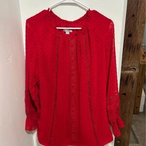Isaac Mizrahi Live Red Swiss Dot Peasant Blouse Size 8